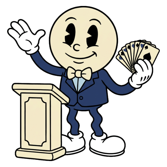Model UN Poker delegate mascot at a podium waving and holding cards