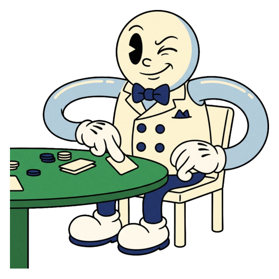 Model UN Poker mascot dealing cards at a table and winking