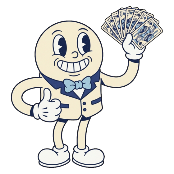 Model UN Poker mascot holding up a deck of cards and giving a thumbs up